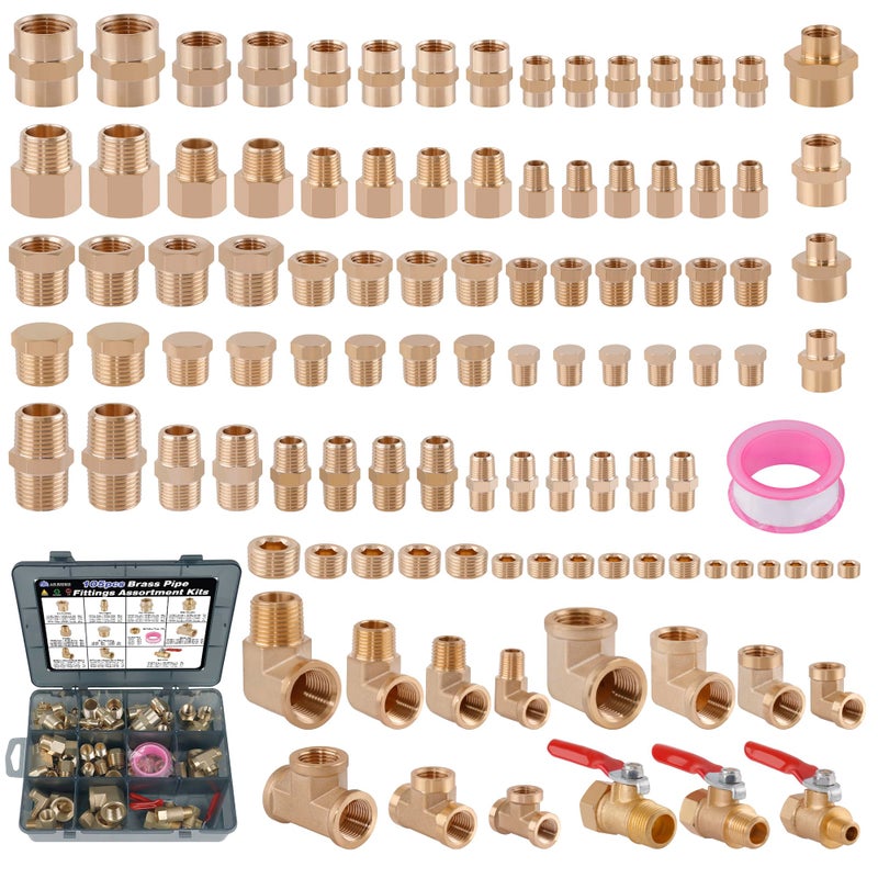 Ailbiuko 105PCS Brass Pipe Fittings Assortment Kit NPT AdapterReducer Bushing Hex Nipple Reducing Hex Coupling90 Degree Street ElbowStreet TeeBall ValveHex Head PlugsSocket Plug Fittings Kits - Image 2