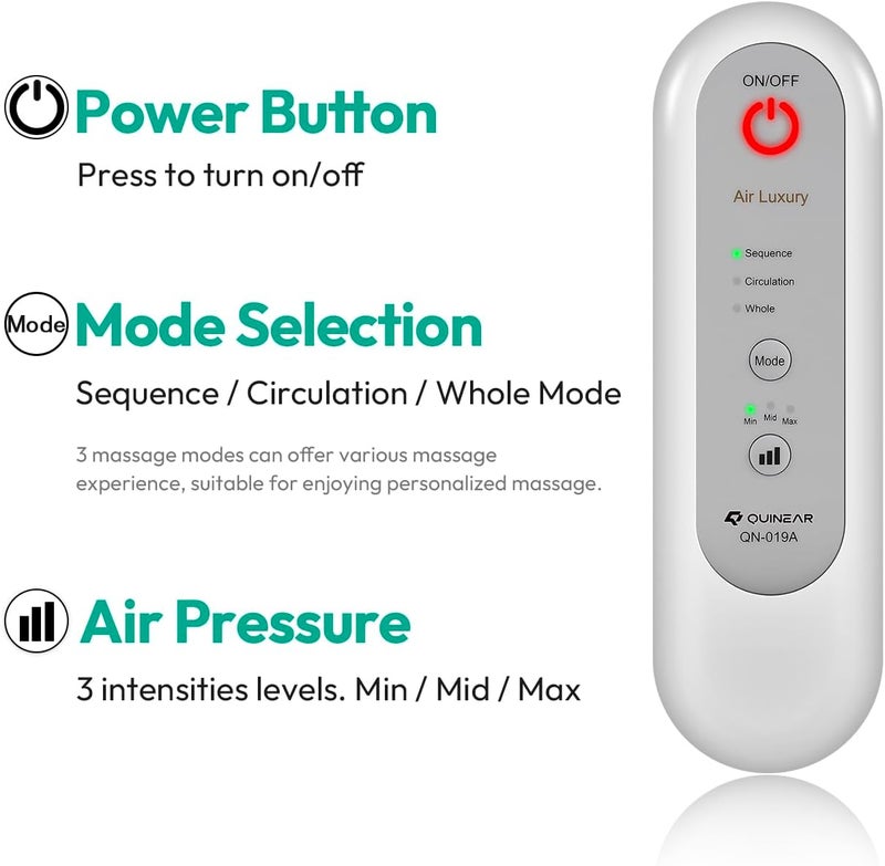 QUINEAR جهاز تدليك الساقين الكامل من كوينير - جهاز تدليك القدم والساق والفخذ - 3 مستويات و3 أوضاع - جهاز علاج بالضغط الهوائي - يساعد كبار السن في تخفيف الألم والتورم وRLS والوذمة - 2 ملحقات للساق الأكبر - Image 4