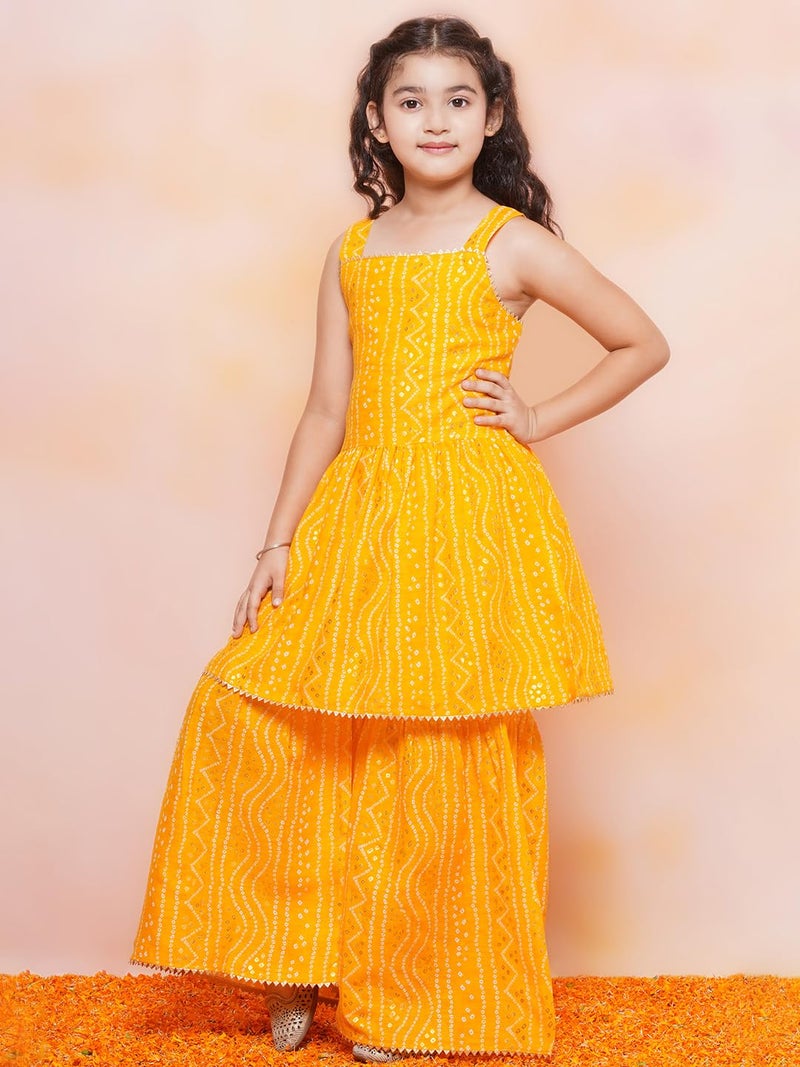 AJ DEZINES Kids Ethnic Wear Cotton Bandhani Printed Sleeveless A Line Yellow Kurta Sharara Set For Girls (G-1115-YELLOW-22) - Image 5