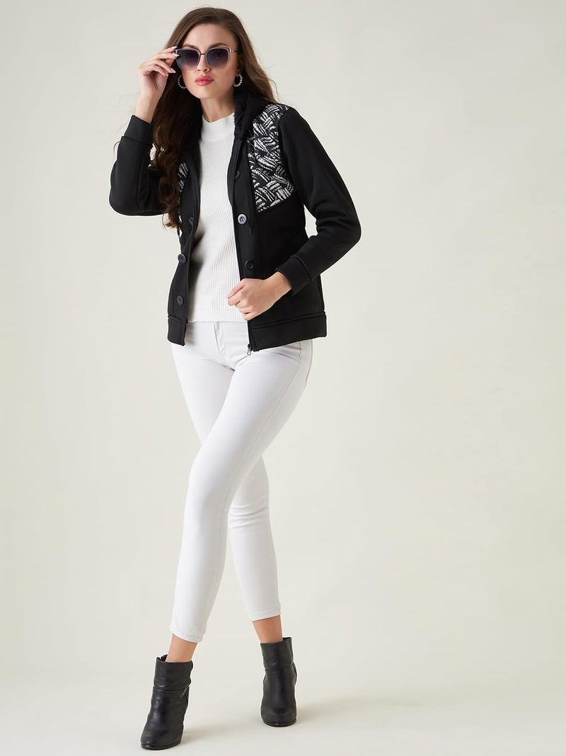Pivl Women's Long Sleeves Winter hooded Printed Jacket. BLACK_M - Image 2
