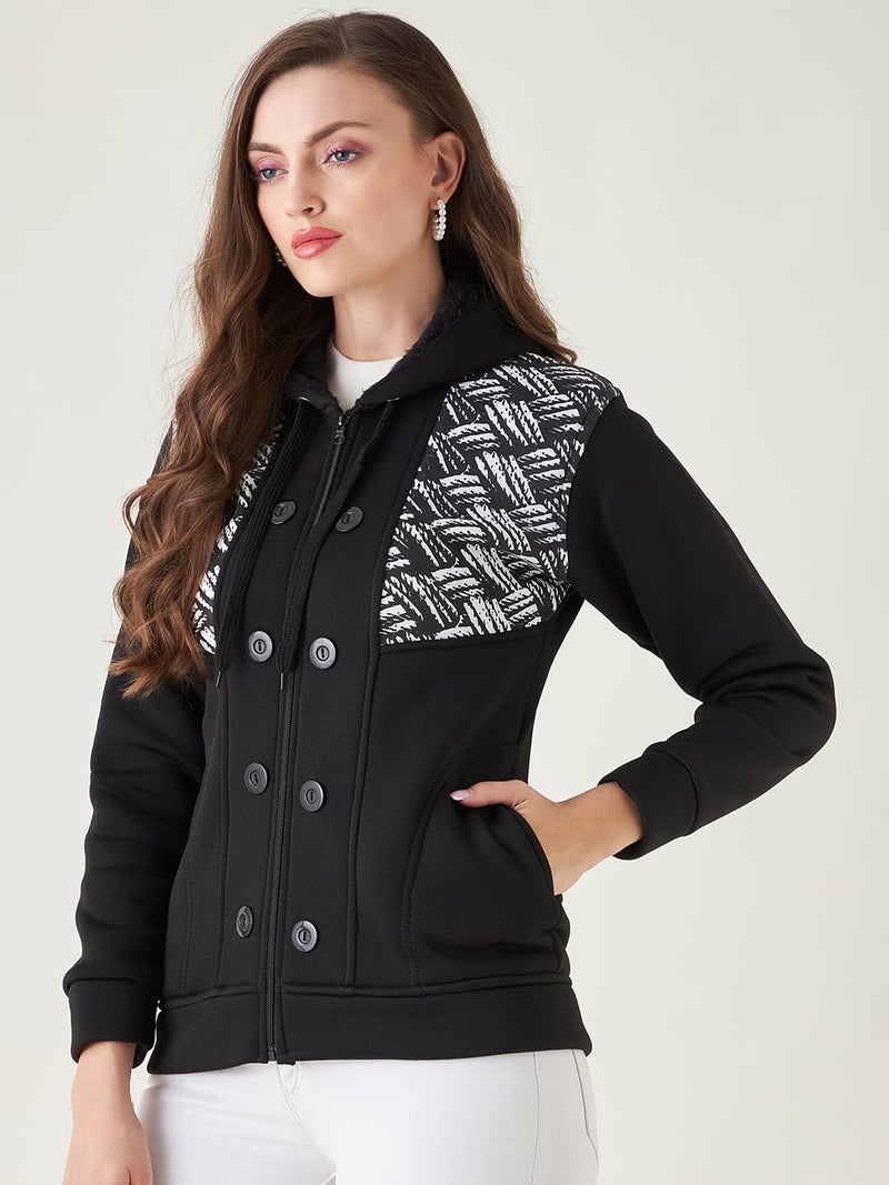 Pivl Women's Long Sleeves Winter hooded Printed Jacket. BLACK_M - Image 3