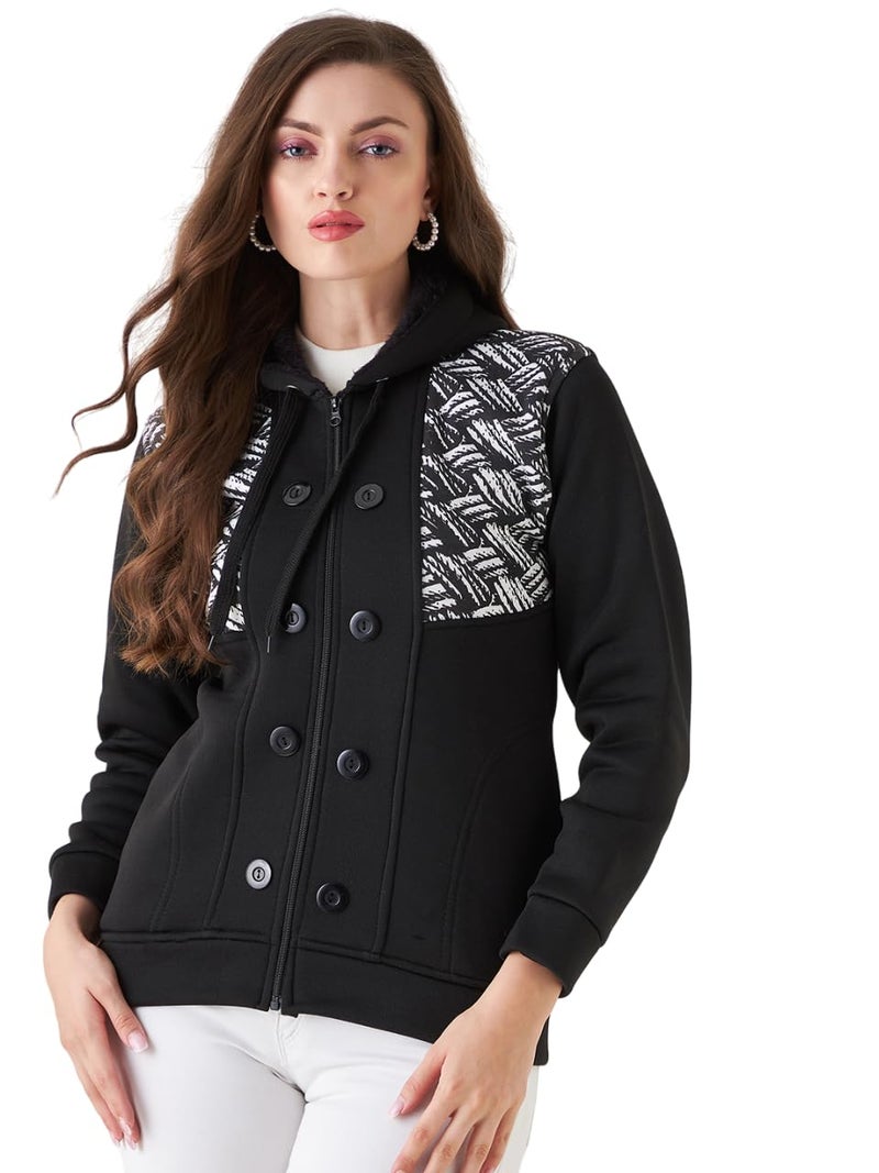 Pivl Women's Long Sleeves Winter hooded Printed Jacket. BLACK_M - Image 1