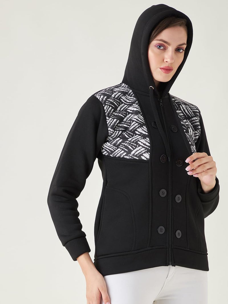 Pivl Women's Long Sleeves Winter hooded Printed Jacket. BLACK_M - Image 4