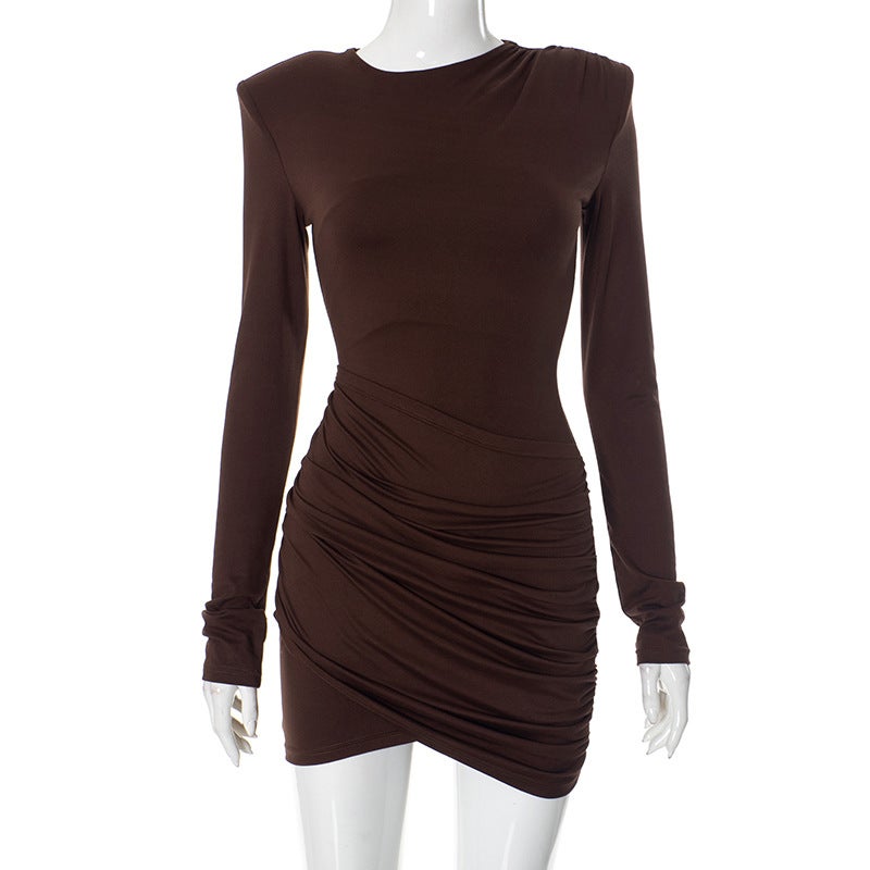 Y24DS642 European and American Cross-border Womens Wear Autumn and Winter Irregular Shoulder Pad Solid Color Cross-pleated Waist Hip dress Brown