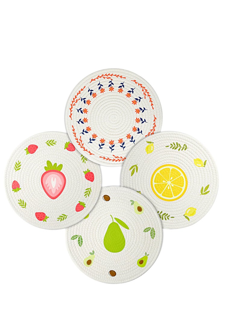 Zikra 4 Pack Flower Pattern Cotton Woven Placemats, Round Woven Cotton Table Mats, Washable Heat Resistant Non Slip Place Mats, Suitable for Home Party Wedding Restaurant (30cm) - Image 1