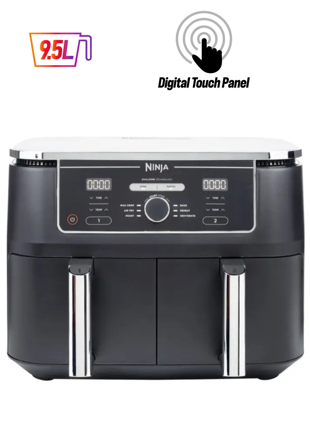 Foodi MAX Dual Zone Digital Air Fryer, 2 Drawers, 9.5L, 6-in-1, Uses No Oil, Air Fry, Max Crisp, Roast, Bake, Reheat, Dehydrate, Cook 8 Portions, Non-Stick Dishwasher Safe Baskets 9.5 L 2470 W AF400UK Black,grey