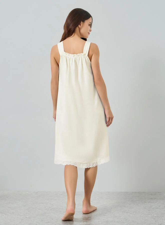 Styli  Cream Ribbed Strappy Nightdress with Lace Trim for Women | Best Price UAE