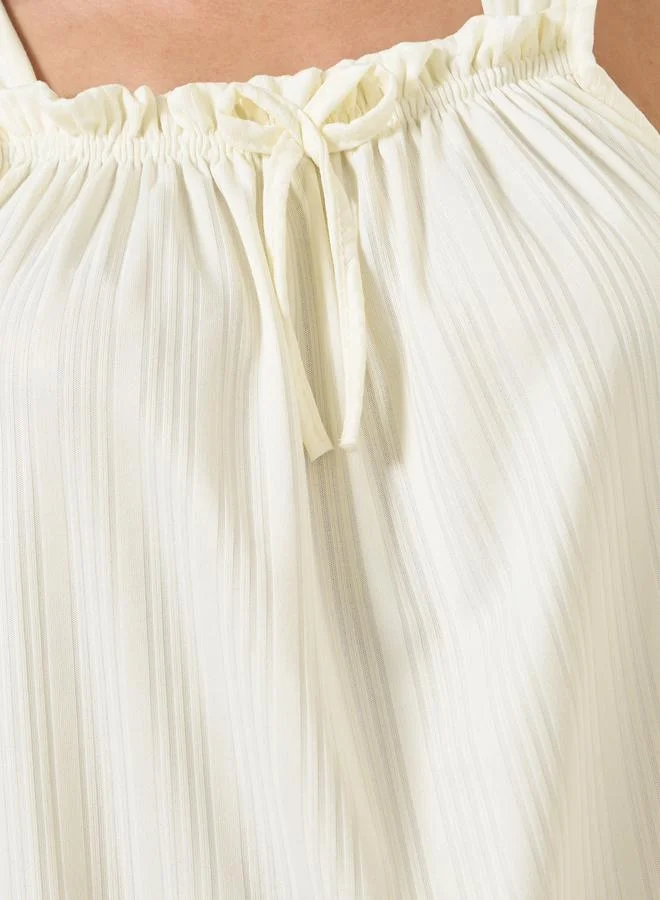 Styli  Cream Ribbed Strappy Nightdress with Lace Trim for Women | Best Price UAE