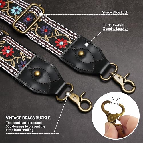 Nefelibata Purse Strap-2" Crazy Horse Leather Wide Shoulder Strap Adjustable Replacement,Retro knit Embroidery Multi-pattern Crossbody Bag Straps for Handbag,Crossbody Bags(Flower embroidery) - Image 3