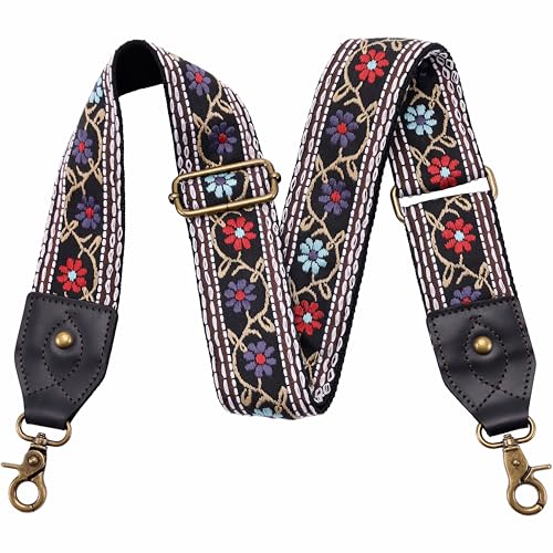 Nefelibata Purse Strap-2" Crazy Horse Leather Wide Shoulder Strap Adjustable Replacement,Retro knit Embroidery Multi-pattern Crossbody Bag Straps for Handbag,Crossbody Bags(Flower embroidery) - Image 1