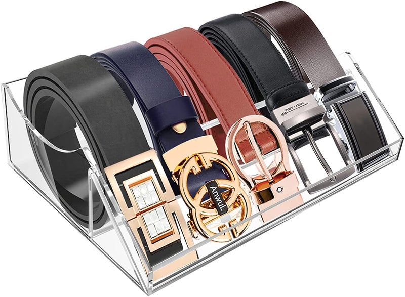 HOMANLY Acrylic Belt Organizer with Compartments for Storage Holder for Closet Drawer Clear Belt Box Display Case with Stand for Tie Bow Tie Jewelry Watch Accessories (5 SLOT) - Image 1