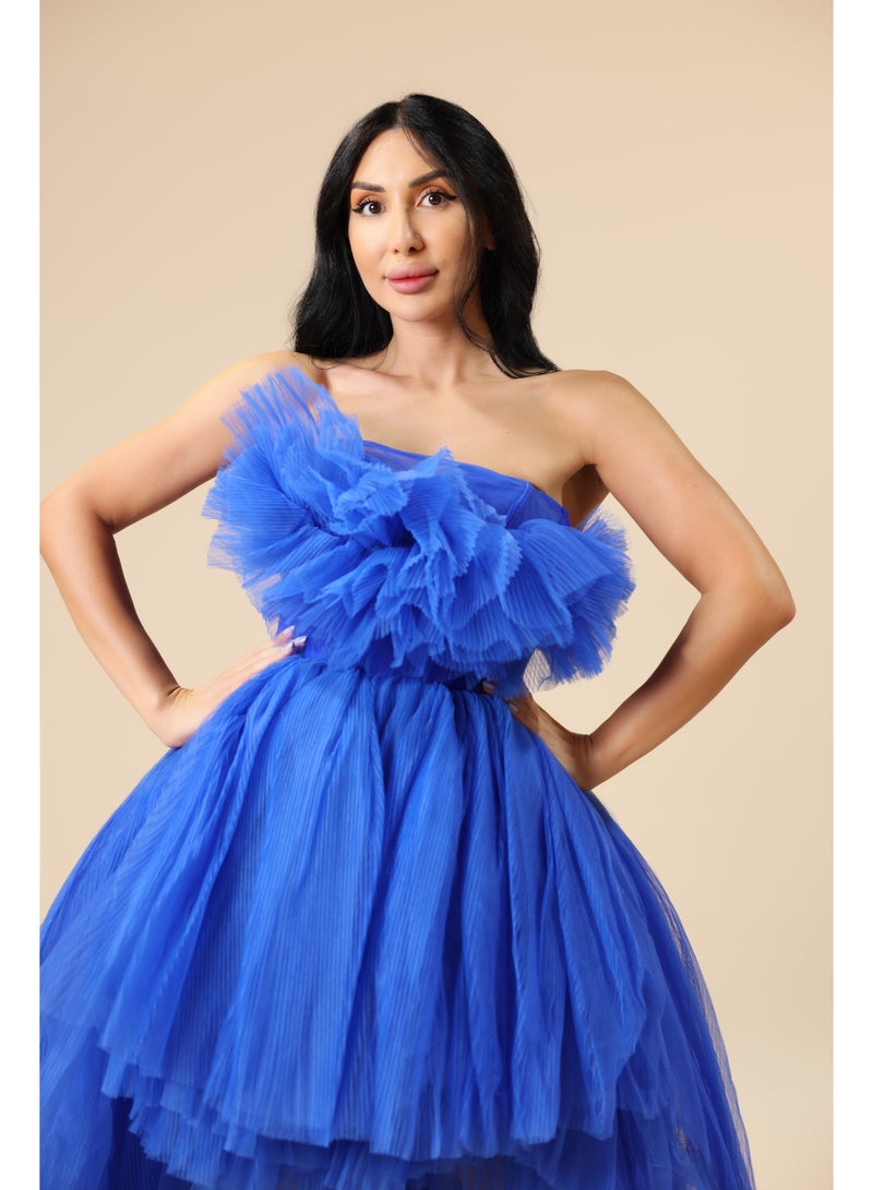 FAIZ COUTURE Women's High-Low Ruffled Tulle Ball Gown – Off-Shoulder Layered Formal Dress with Free Alteration - Image 2
