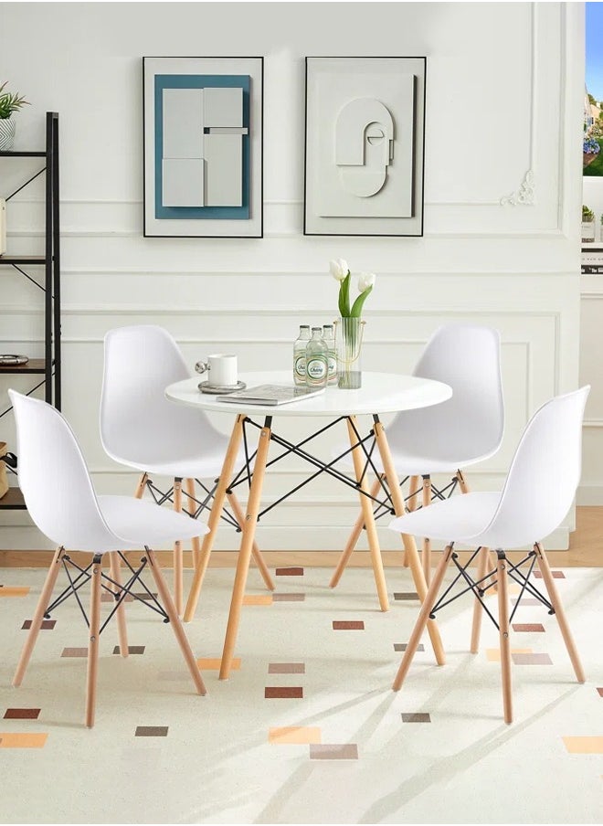 Taimi 5-Piece Compact Mid-Century Modern Dining Set | Round White Table 80x80x72cm with 4 Ergonomic White Chairs  - Image 2