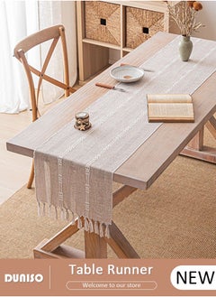 Table Runner, White Table Runner Woven with Fringed, 32x200 CM Heat Resistant Table Runner Wipeable Waterproof Dining Table Runner for Kitchen, Coffee Table, Home Decor