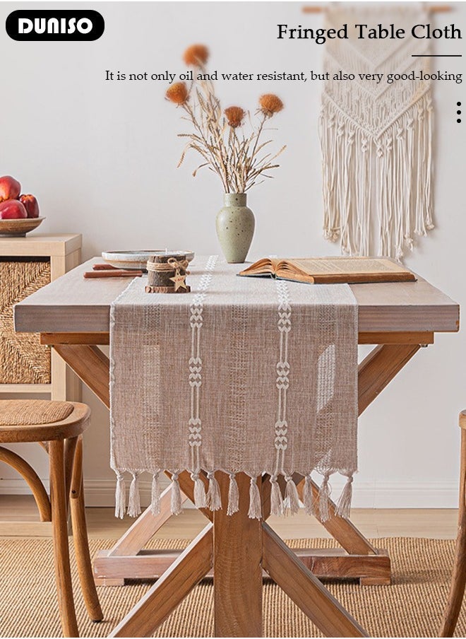 Arabest - Table Runner, White Table Runner Woven with Fringed, 32x200 CM Heat Resistant Table Runner Wipeable Waterproof Dining Table Runner for Kitchen, Coffee Table, Home Decor - Image 1