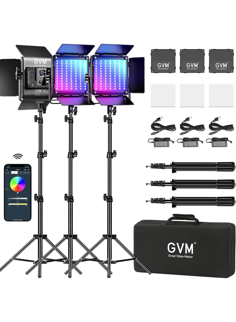 GVM Great Video Maker GVM 800D RGB-3L Kit Bundle – 3x 80W Bi-Color & RGB LED Video Lights, Dimmable, 3200K–5600K with Stands for Studio & On-Location - Image 1