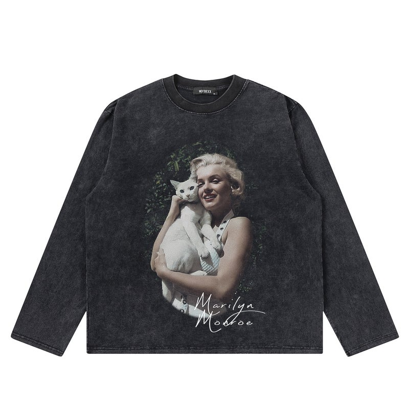 Monroe And Cat Imported Digital Direct Injection Heavy Cotton Old Boxy Loose Long Sleeve Short Sleeve Men'S T-Shirt American Style - Image 5