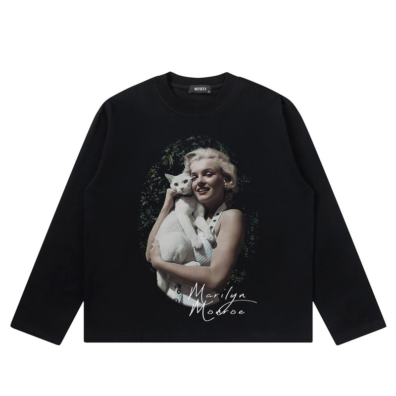 Monroe And Cat Imported Digital Direct Injection Heavy Cotton Old Boxy Loose Long Sleeve Short Sleeve Men'S T-Shirt American Style - Image 3