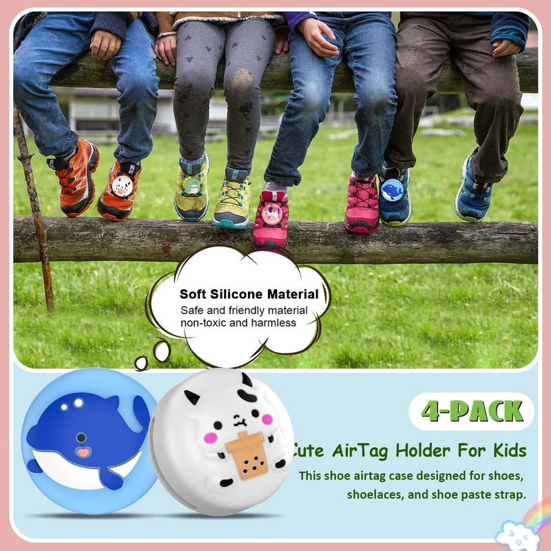 BIQIRE [4-Pack] for AirTag (Gen 1 & 2) Shoes Holder, Waterproof AirTag Holder Kids Hidden Silicone Cartoon Cute Airtag Case for Children's Shoelaces & Straps (Green/White/Blue/Pink) - Image 2