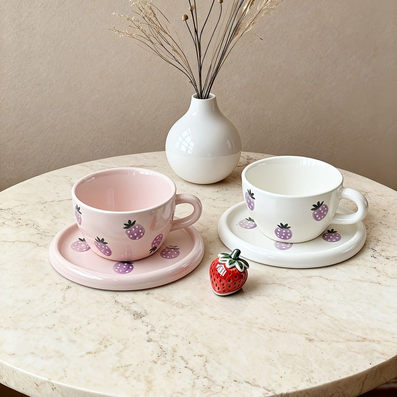 Hand Painted Cherry Ceramic Mug and Plate Set 3D Relief Fruit Design - Image 2