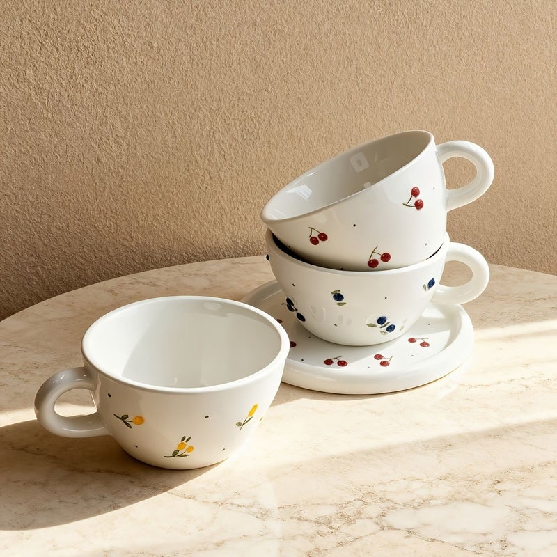 Hand Painted Cherry Ceramic Mug and Plate Set 3D Relief Fruit Design - Image 1