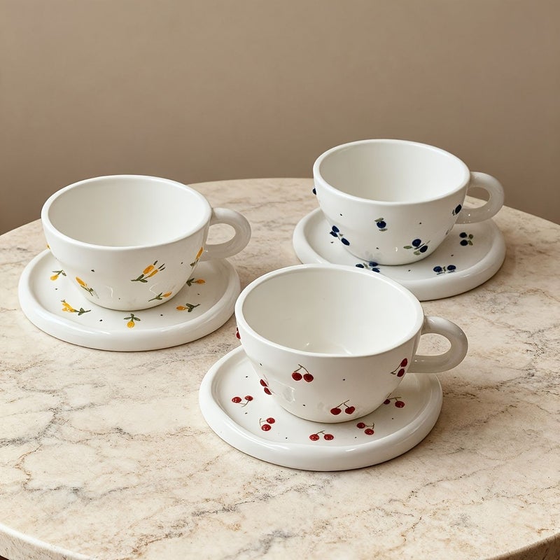 Hand Painted Cherry Ceramic Mug and Plate Set 3D Relief Fruit Design - Image 4