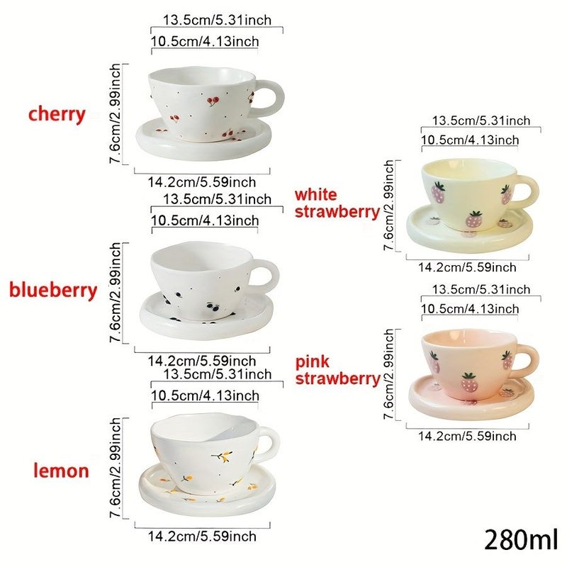 Hand Painted Cherry Ceramic Mug and Plate Set 3D Relief Fruit Design - Image 3