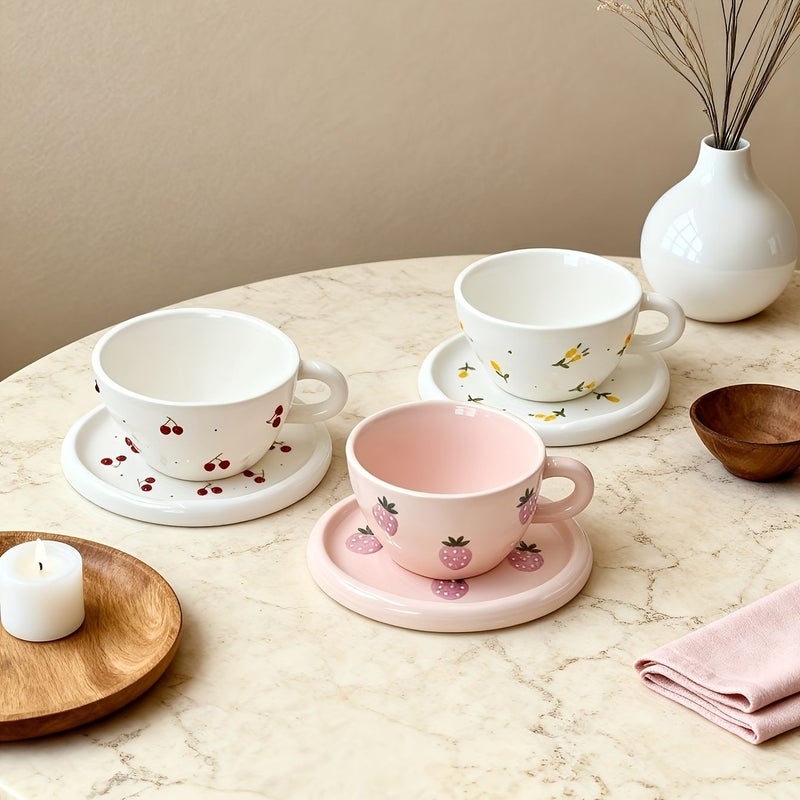 Hand Painted Cherry Ceramic Mug and Plate Set 3D Relief Fruit Design - Image 5