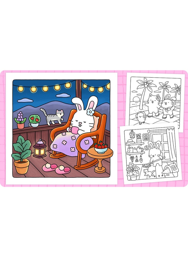 JAYATO "Girl Days" 48 pcs Coloring Book for Adults & Teens – Cute & Cozy Daily Relaxation Activity with Whimsical Illustrations of Girls Reading with Pets, Perfect for Stress Relief, Cozy Spaces & Holiday Gifting - Image 4