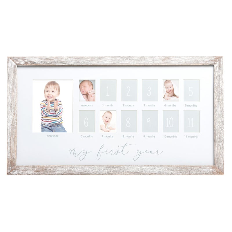 Pearhead My First Year Picture Frame, Baby's First Twelve Months Photo Collage and Gender Neutral Keepsake, Ideal for Baby Shower, New Mom Gift and Nursery Decor, Distressed Wood - Image 1