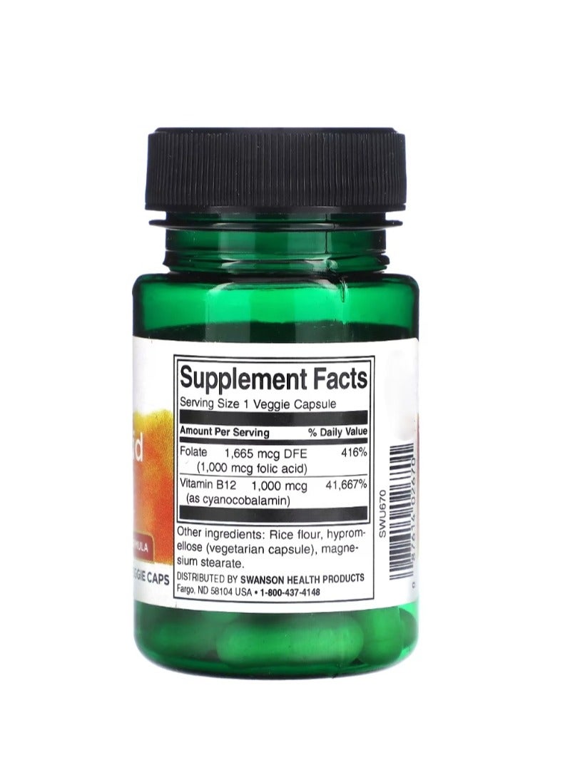 سوانسون حمض الفوليك وفيتامين ب12 30 كبسولة نباتية - Image 2