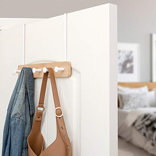Badiano Over The Door Hook Hanger, Bamboo Coat Rack with 5 Metal Hooks, Wood Clothes Organizer for Coat, Towels, Bags, Robes (Black) (White, 5 Hooks) - Image 2