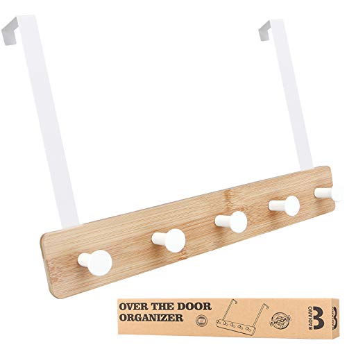 Badiano Over The Door Hook Hanger, Bamboo Coat Rack with 5 Metal Hooks, Wood Clothes Organizer for Coat, Towels, Bags, Robes (Black) (White, 5 Hooks) - Image 1