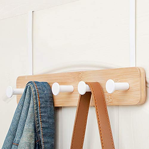 Badiano Over The Door Hook Hanger, Bamboo Coat Rack with 5 Metal Hooks, Wood Clothes Organizer for Coat, Towels, Bags, Robes (Black) (White, 5 Hooks) - Image 3