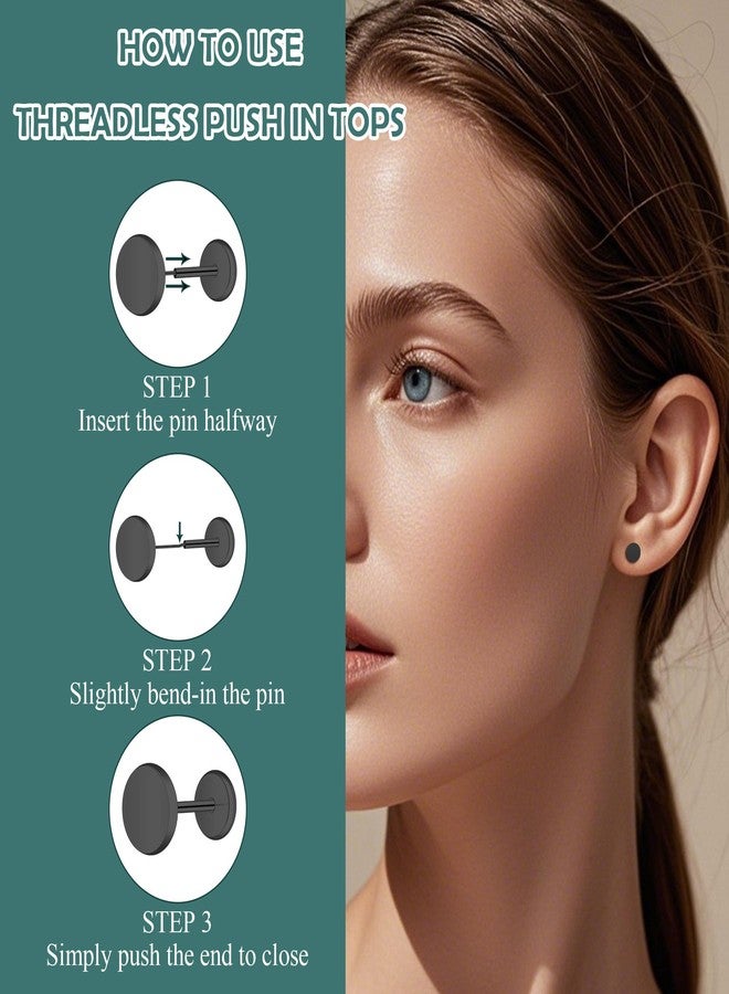 ZDE Women Earrings Threadless Flat Back Dot Earrings Titanium Hypoallergenic Cartilage Non-Nickel Black Push in Earrings Studs for Sensitive Ears Simple Classic Earstuds (Black, 5MM) - Image 4