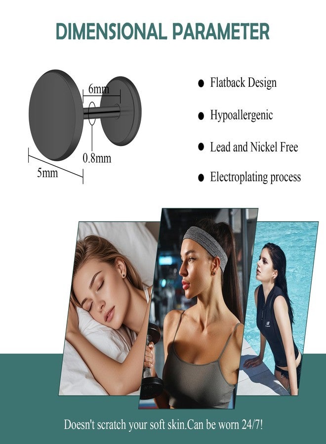 ZDE Women Earrings Threadless Flat Back Dot Earrings Titanium Hypoallergenic Cartilage Non-Nickel Black Push in Earrings Studs for Sensitive Ears Simple Classic Earstuds (Black, 5MM) - Image 2