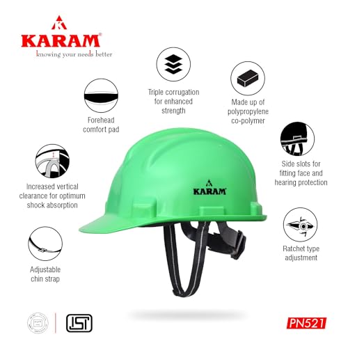 KARAM PN521 Safety Helmet for Men Construction Helmet | Ratchet Type Adjustment with Adjustable Chin Strap | Work Helmet with Side Slot for Attachment | is:2925:1984 Certified | HYD Green - Image 3