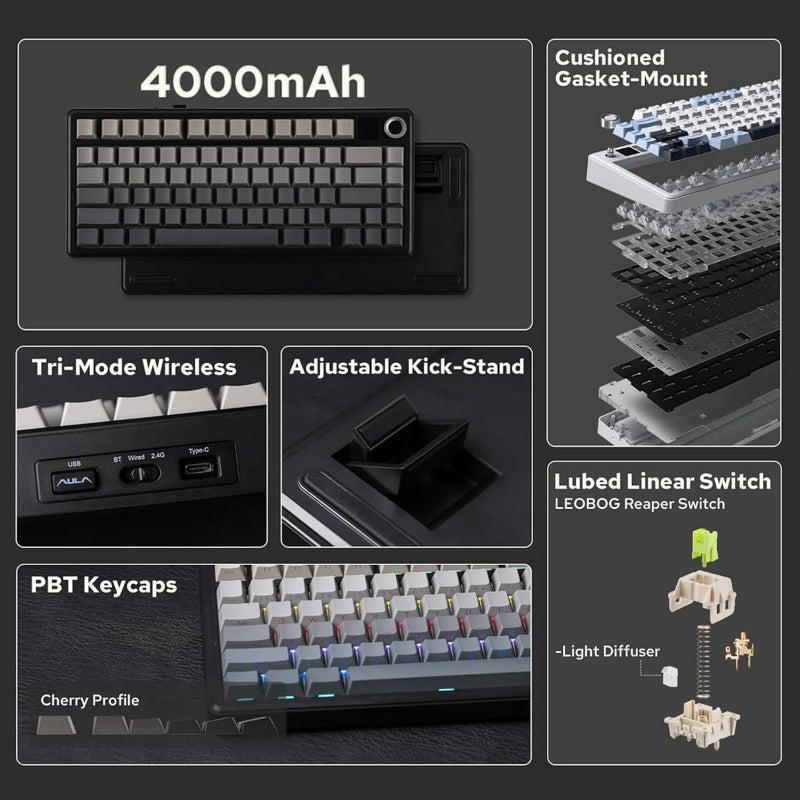 X AULA F75 MAX Tri-Mode Wireless Gaming Keyboard For PC and Laptop RGB Backlit Mechanical Switches 75 Compact Layout USB-C Rechargeable Home Office Gaming - Image 2