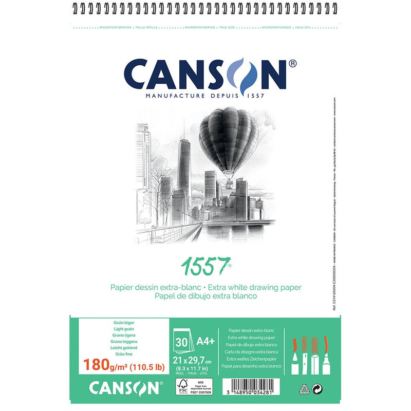 Canson® 1557® Spiral Drawing Paper Pad, A4, 180gsm, 30 Sheets