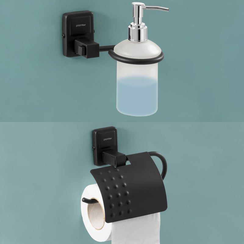 Plantex 304 Grade Stainless Steel Washroom Set of 2 - Toilet Paper Holder/Stand/Liquid Soap Dispenser - Darcy (Black) - Image 1