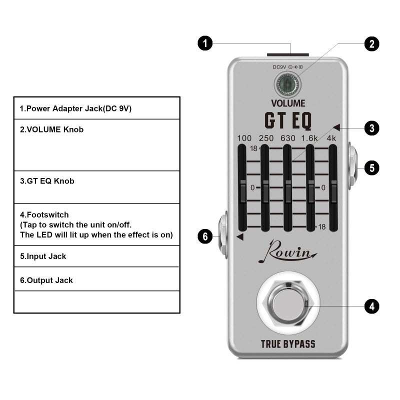 Rowin Guitar Equalize Effect Pedal EQ Add or Take Away Specific Bands Tune Parameters of Sound - Image 2