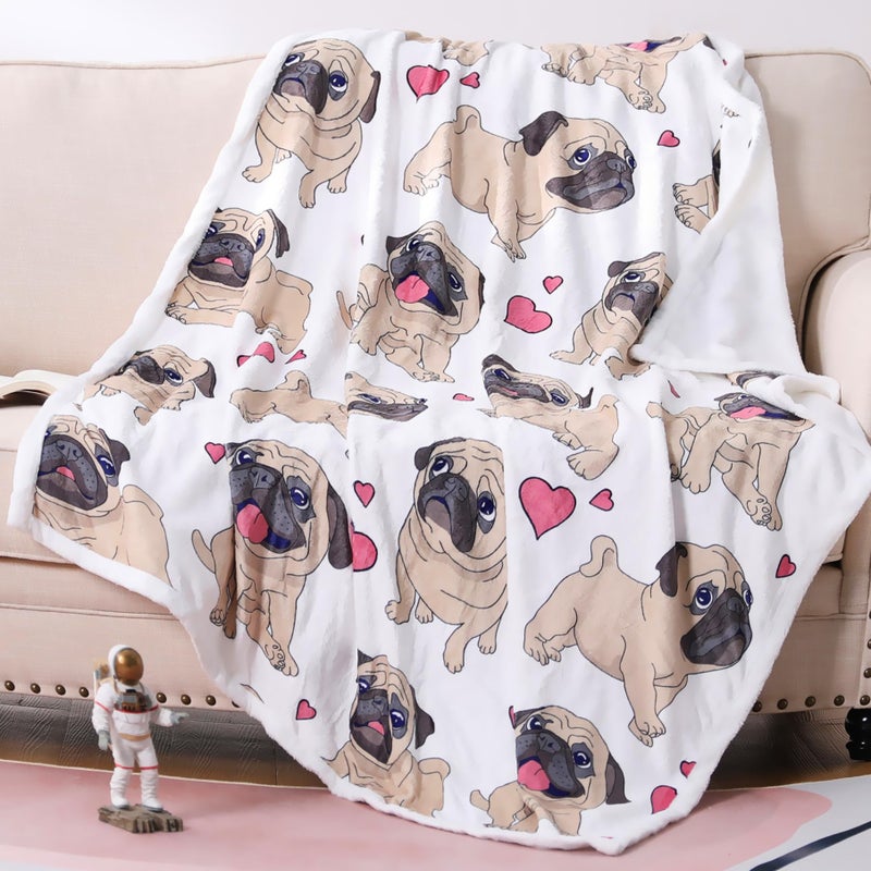 Famitile Love Pug Blanket Cute Puppy Throw Super Soft Animals Stuffed Blankets Pugs Gifts for Dog Lovers Women and Adults Pug 47 x 60