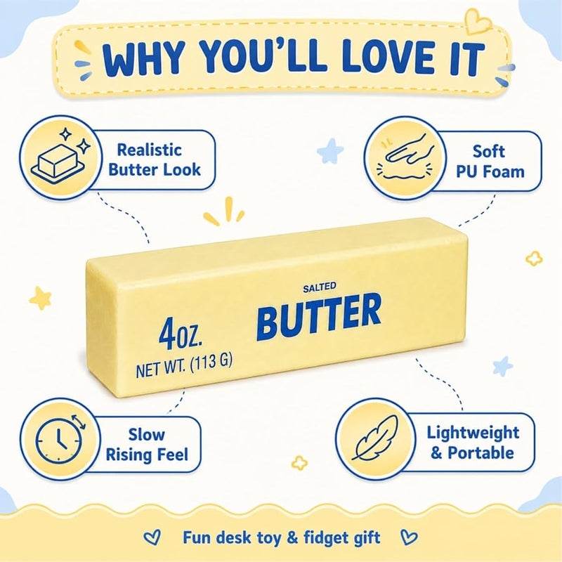 YESBAY Butter Squishy Toy, Slow Rising Butter Stick Squeeze Toy, PU Salted Butter Fidget Toy for Stress Relief, Soft Sensory Desk Toy for Office School (1) - Image 4