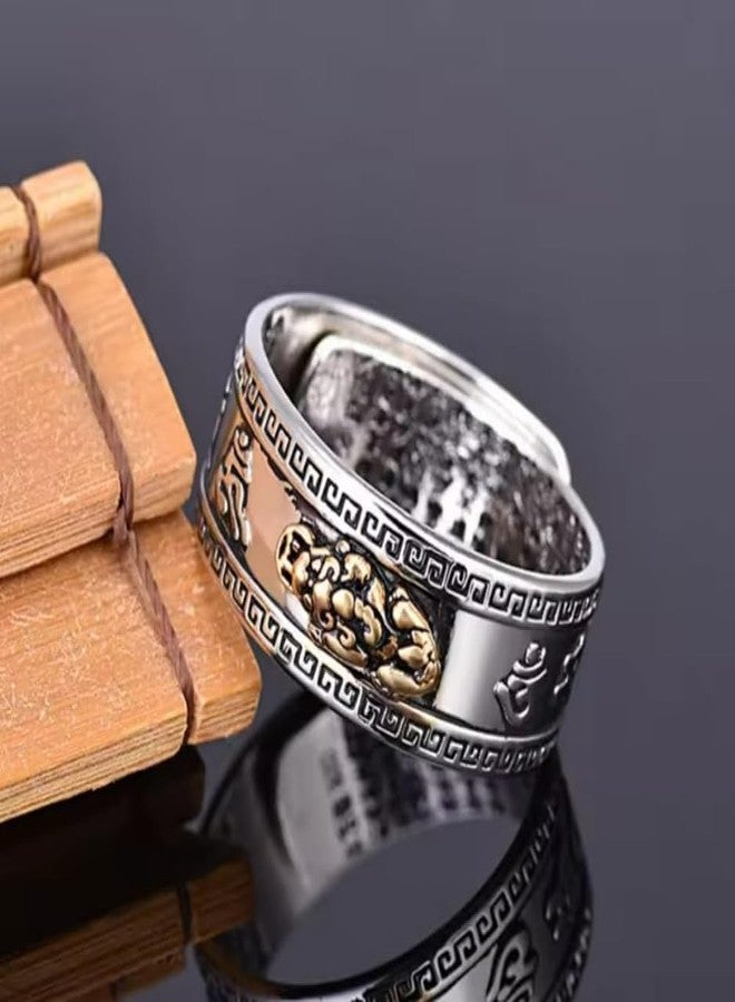 GEMTUB Adjustable Feng Shui Pixiu Ring with Carved Mantra | Retro Buddhist Wealth Amulet for Men & Women - Image 2
