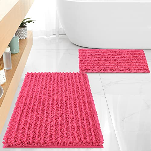 FLOLEOPA Luxury Chenille Hot Pink Bathroom Rugs Bath Mats Sets, Extra Soft and Absorbent Bathroom Rugs Non Skid Machine Wash Dry Bath Mats（32"x20" Plus 17"x24"） - Image 1
