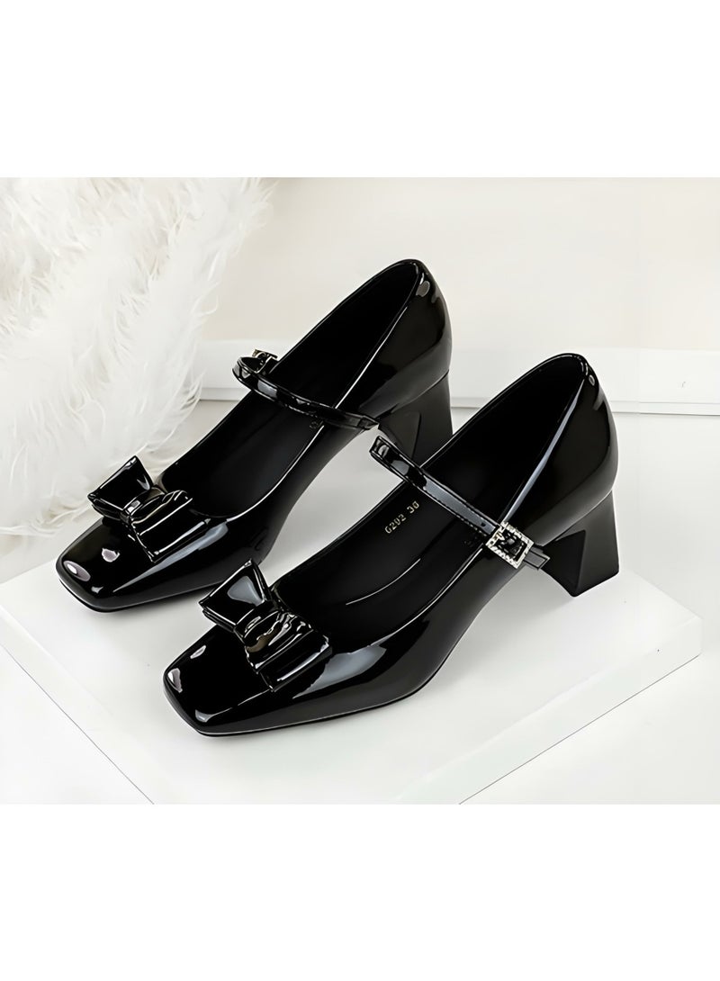 BIGTREE Patent Leather Mary Jane Shoes Chunky Low Heels Closed Square Toe With Adjustable Straps Shoes Black - Image 1
