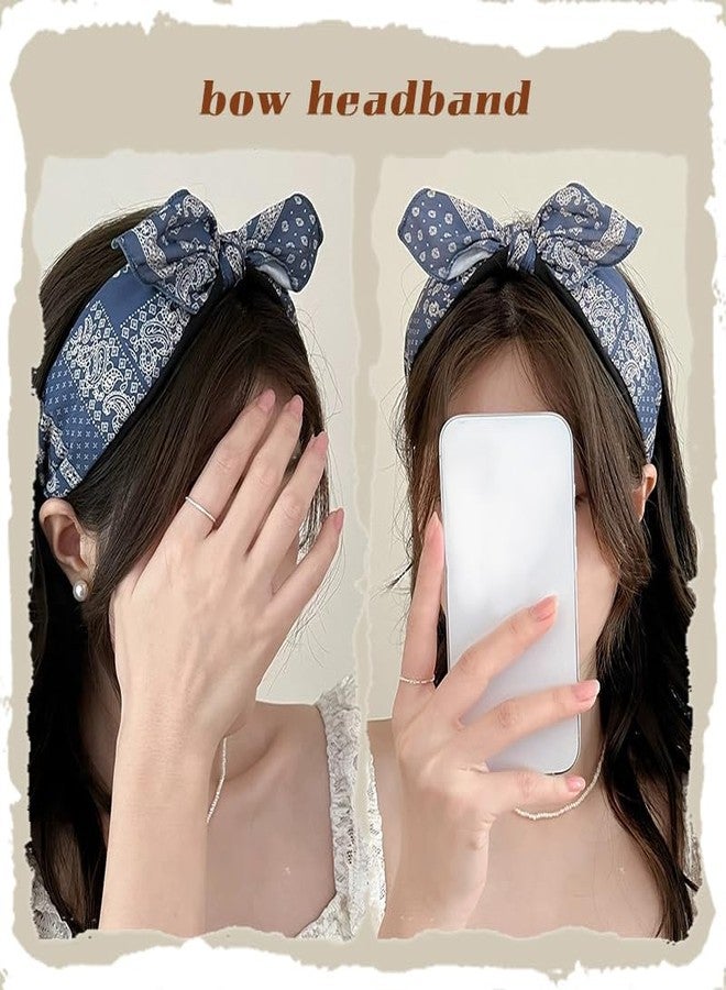 Kefley Boho Bow Bandana Headband Wide Bandanna Headband Navy Blue Top Bow-Knot Knotted Hairband Headwraps Ethnic Turban Headbands Headwear Hair Bandanas for Women - Image 2