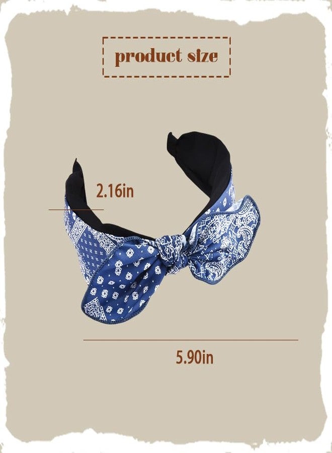 Kefley Boho Bow Bandana Headband Wide Bandanna Headband Navy Blue Top Bow-Knot Knotted Hairband Headwraps Ethnic Turban Headbands Headwear Hair Bandanas for Women - Image 4
