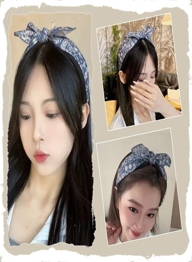 Kefley Boho Bow Bandana Headband Wide Bandanna Headband Navy Blue Top Bow-Knot Knotted Hairband Headwraps Ethnic Turban Headbands Headwear Hair Bandanas for Women - Image 3