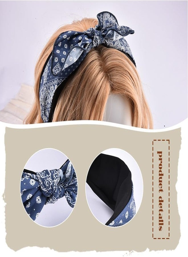 Kefley Boho Bow Bandana Headband Wide Bandanna Headband Navy Blue Top Bow-Knot Knotted Hairband Headwraps Ethnic Turban Headbands Headwear Hair Bandanas for Women - Image 5